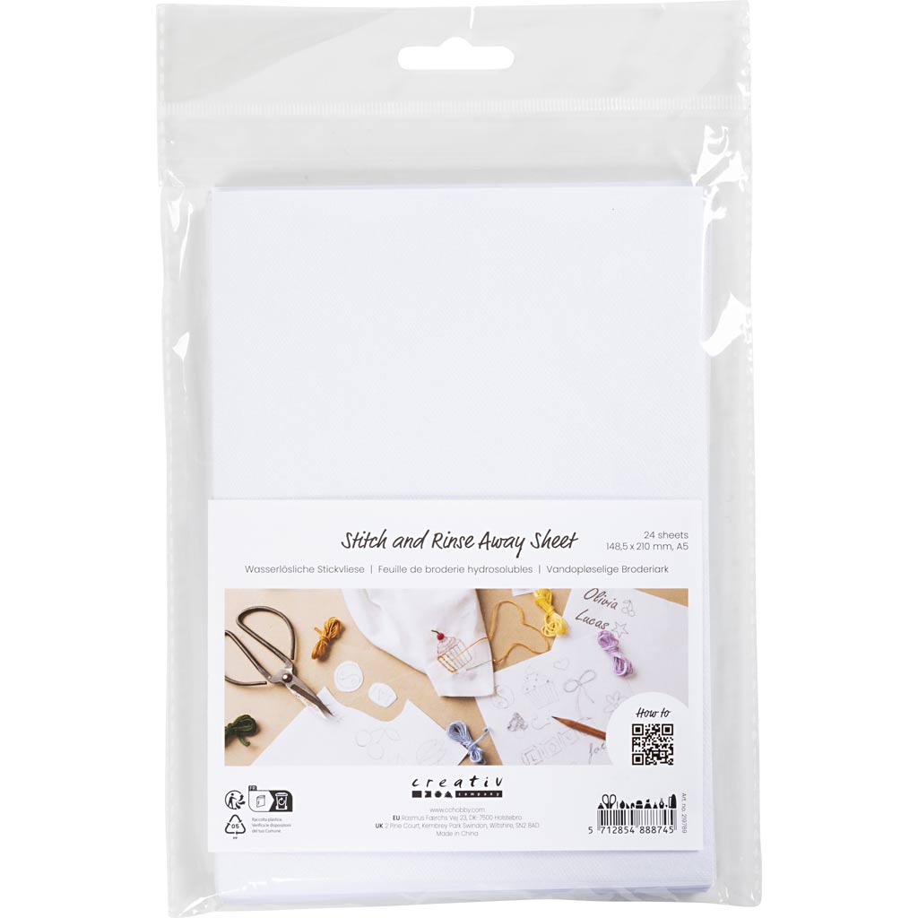 Creativ company feuilles de broderie solubles dans l'eau, a5, feuille 148,5x210 mm, blanc, 24 feuilles 1 boîte