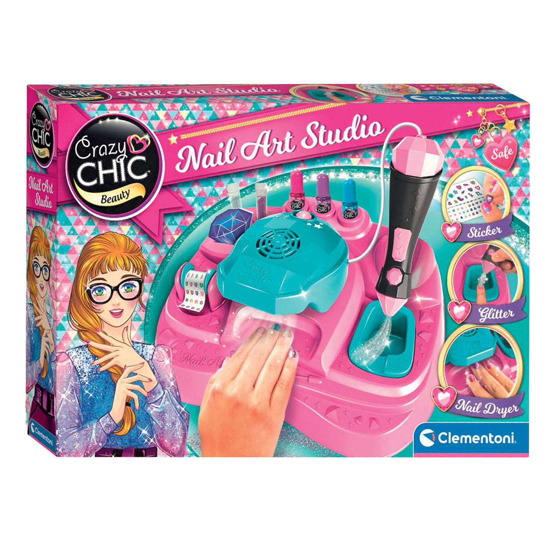 Clementoni crazy chic - studio de manucure pour enfants - vernis à ongles enfant avec autocollants, paillettes et sèche-ongles - à partir de 6 ans
