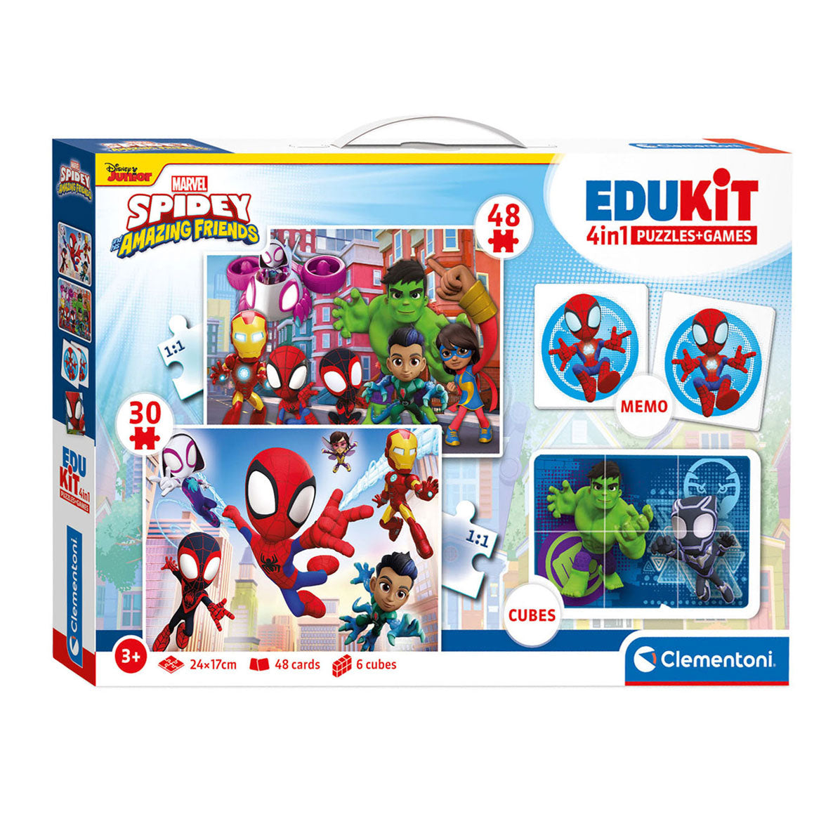 Clementoni - Coffret de jeu Spidey 4 en 1 - jeux multiples - 2 puzzles - jeu de mémoire - 6 blocs - jouets éducatifs - à partir de 6 ans