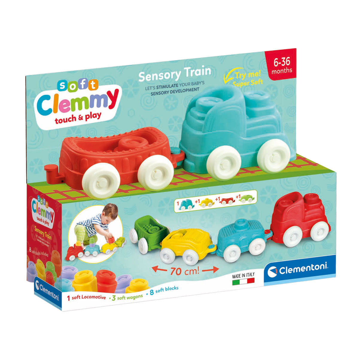 Clementoni baby - train sensoriel Clemmy avec blocs souples, 12 pièces.