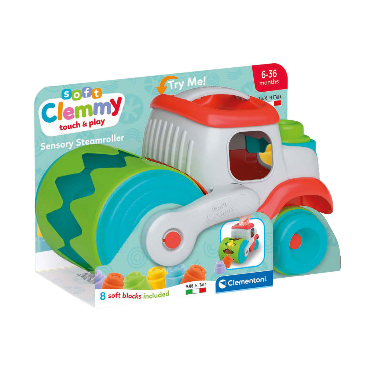 Véhicule rouleau compresseur Clementoni baby soft clemmy avec blocs, 9 pièces.