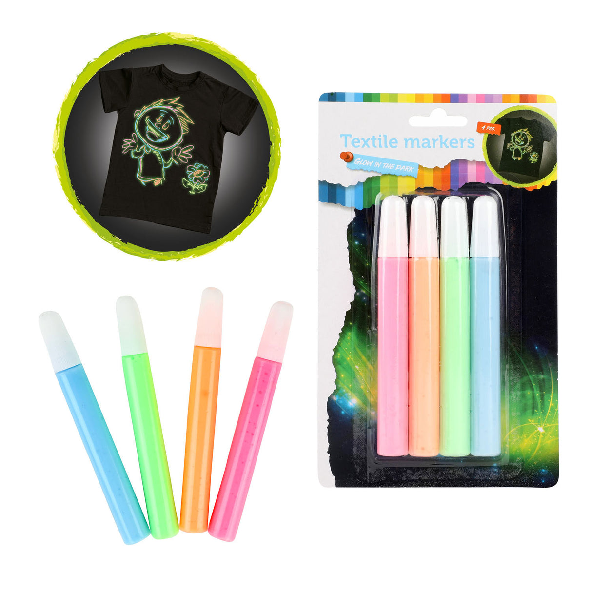 Toi-toys squeeze marqueurs textiles brillent dans le noir, 4 pcs.