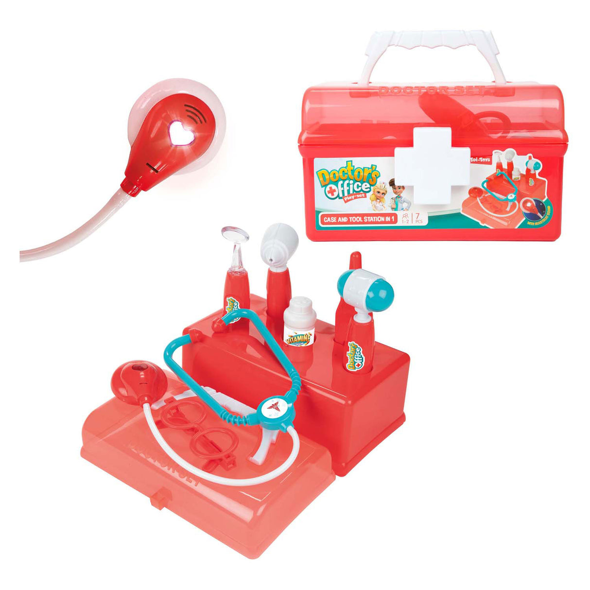 Mallette de médecin Toi-toys rouge avec accessoires, 7 pièces.