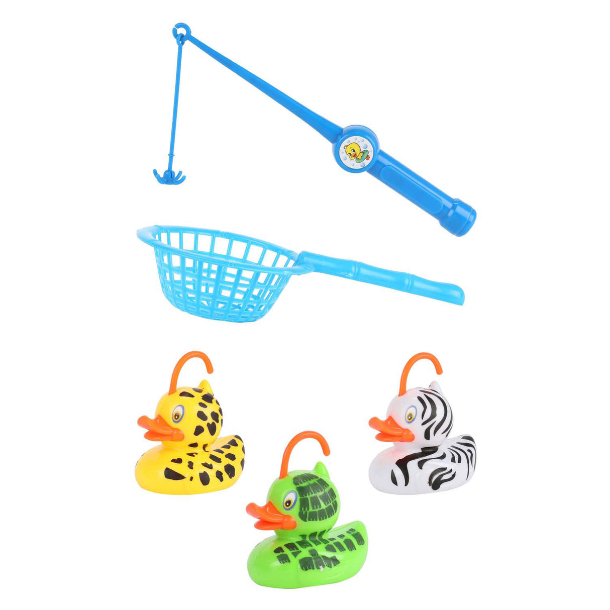 Toi-toys joue à un jeu de pêche, attrape le canard avec une canne à pêche et un filet
