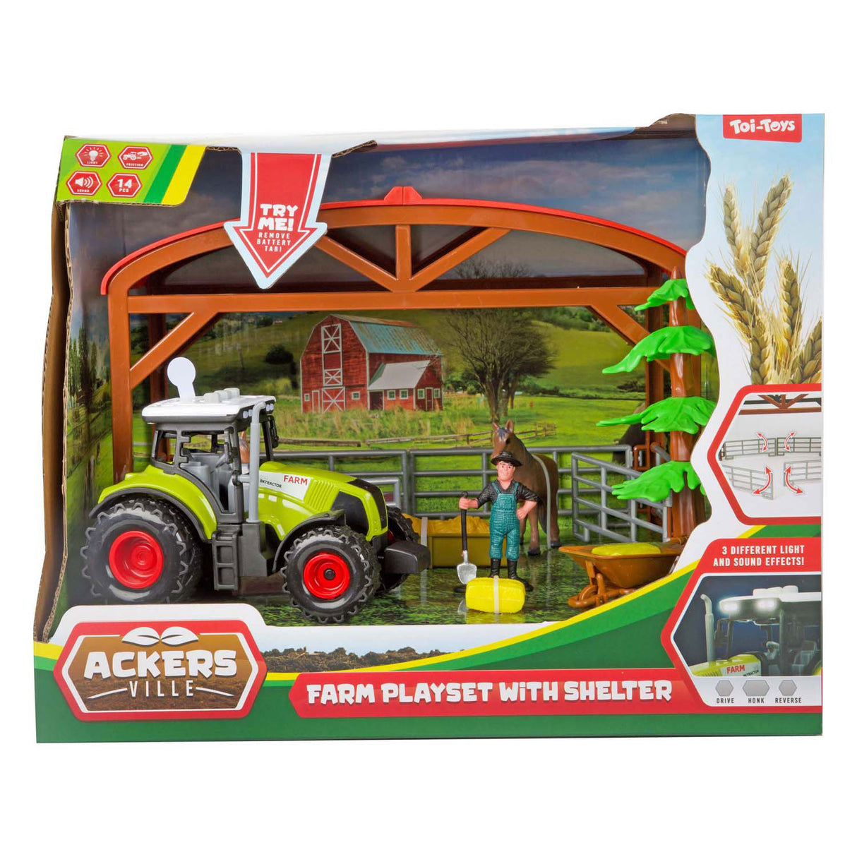 Toi-toys ackers ville écurie avec tracteur, ensemble de jeu lumineux et sonore, 14 pièces.