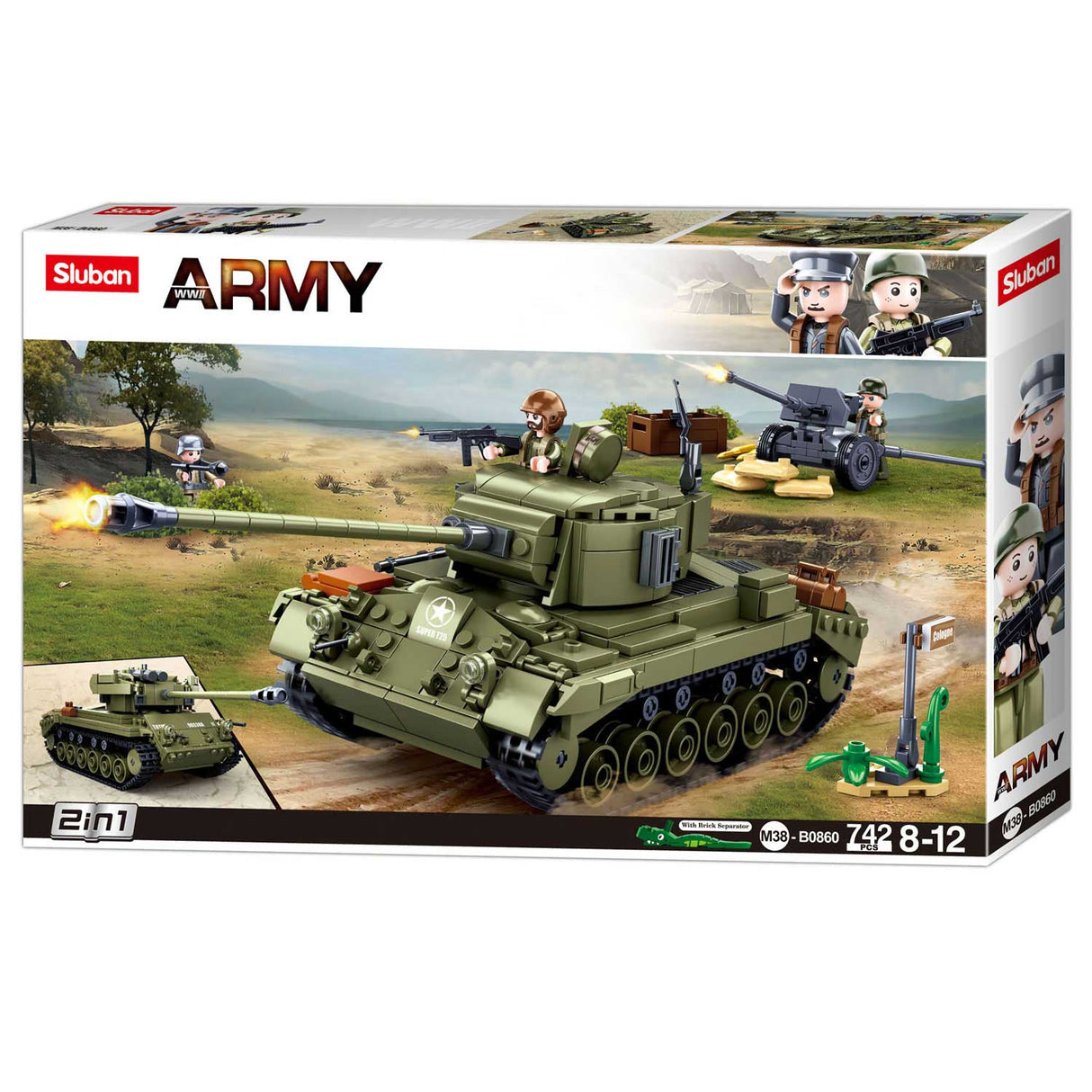 Sluban army wwii m26 pershing tank jouets de construction – jouet de construction modèle – boîte de construction avec 742 blocs de construction – m38-b0860 à partir de 8 ans