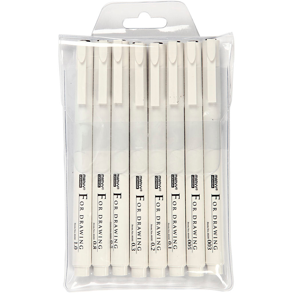 Feutres fins, largeur de trait 0,03+0,05+0,1+0,2+0,3+0,5+0,8+1,0 mm, noirs, 8 pièces 1 boîte