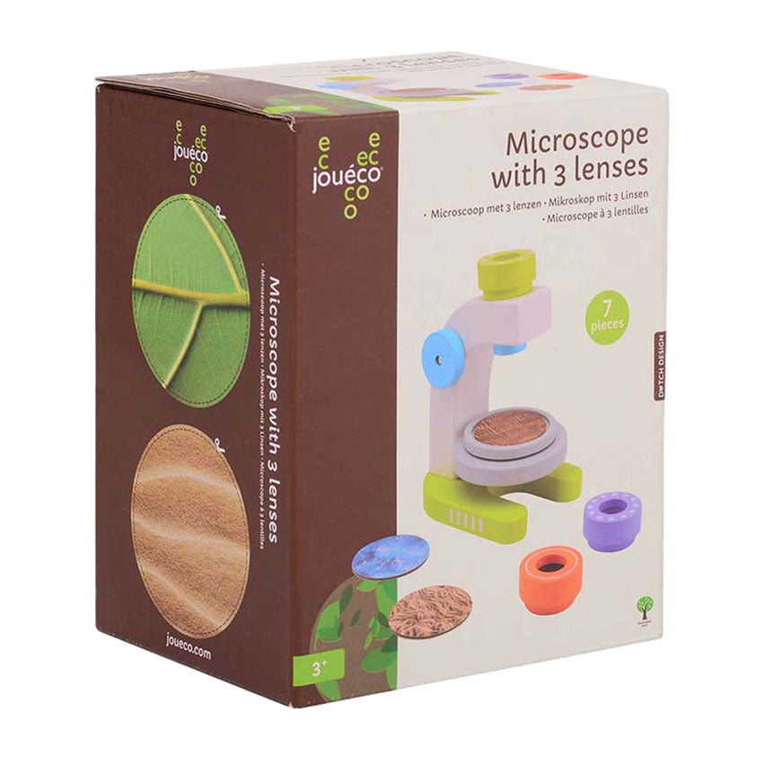 Microscope en bois Joueco avec 3 lentilles, 7 pièces.