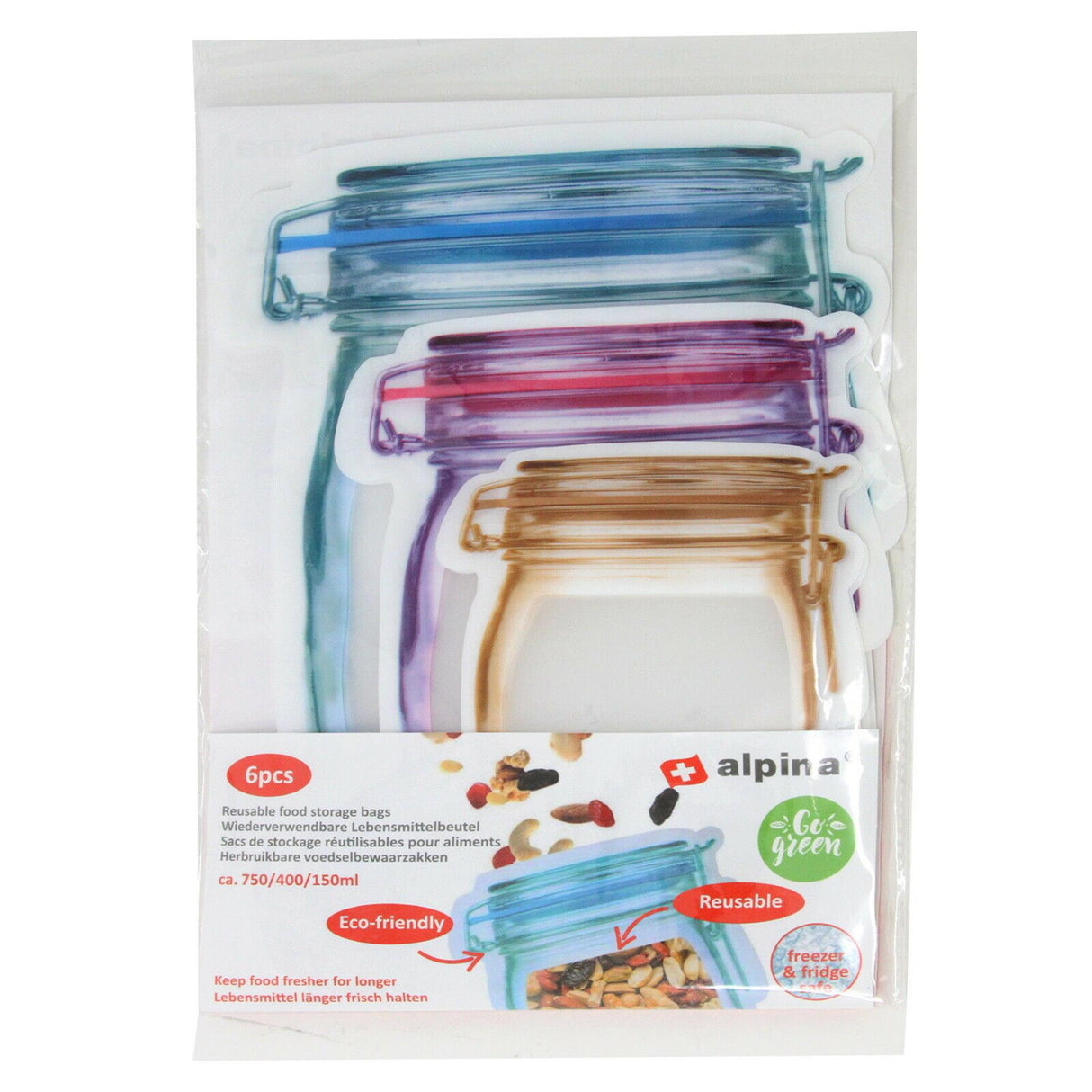 Lifetime Cooking Sacs de conservation alimentaires réutilisables Alpina 150 400 750 ml, lot de 6