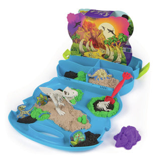 Sable cinétique - set découverte t-rex avec 680 g de sable de jeu, 5 formes fossiles multifonctionnelles et une pelle - dans une boîte de rangement - jouets sensoriels