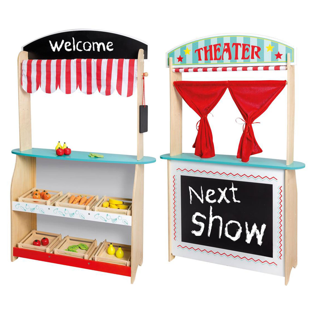 Jouéco théâtre et boutique en bois 2 en 1 - avec accessoires - à partir de 3 ans
