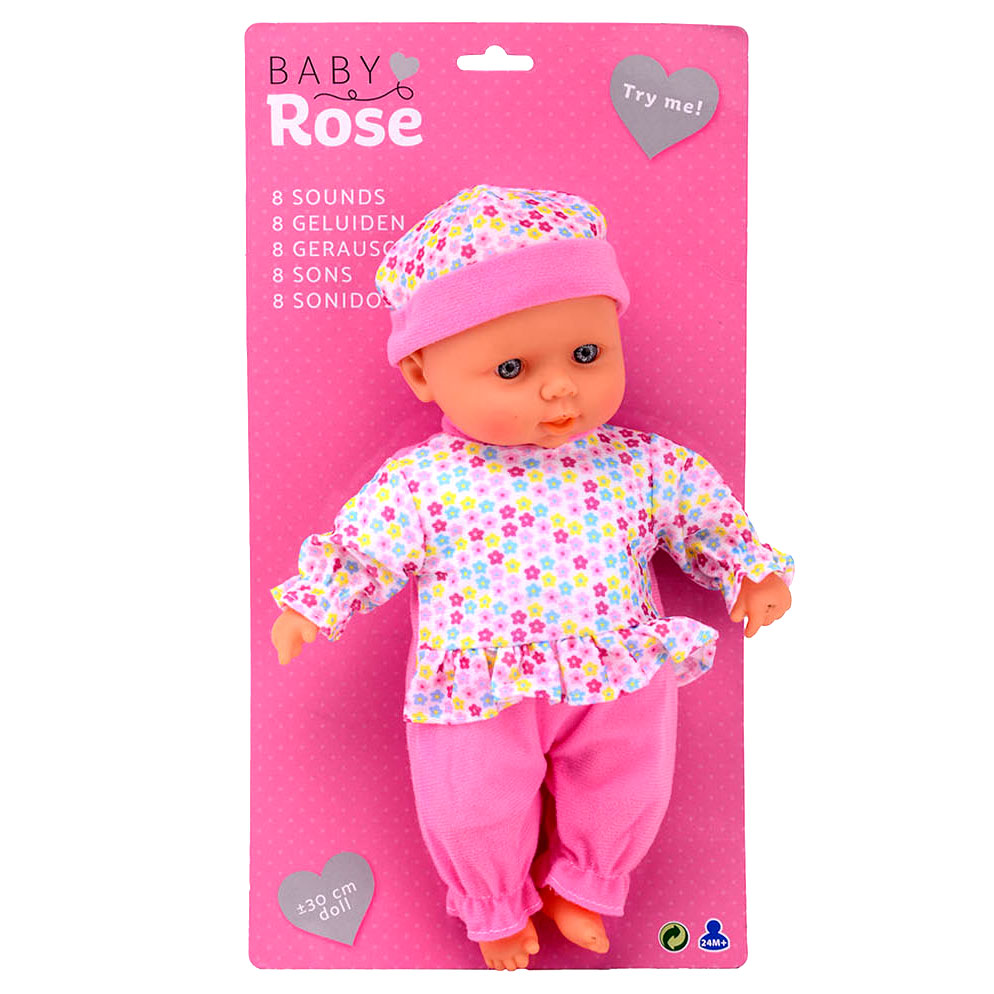 Poupée bébé rose avec sons, 30 cm.