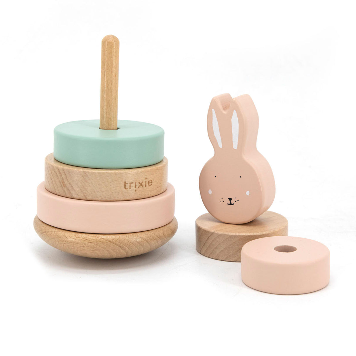 Tour empilable en bois Trixie - mrs. lapin - jouet empilable en bois - jouet éducatif - pour garçons filles - rose