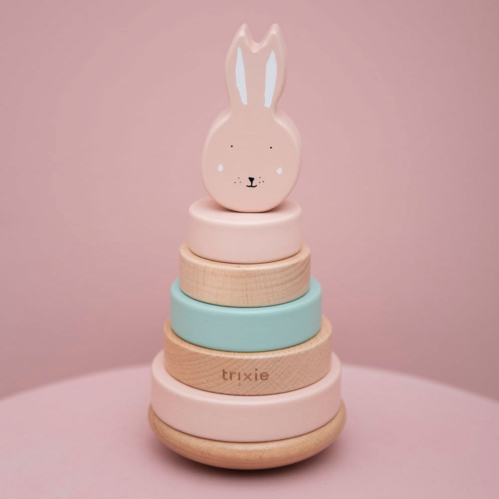 Tour empilable en bois Trixie - mrs. lapin - jouet empilable en bois - jouet éducatif - pour garçons filles - rose