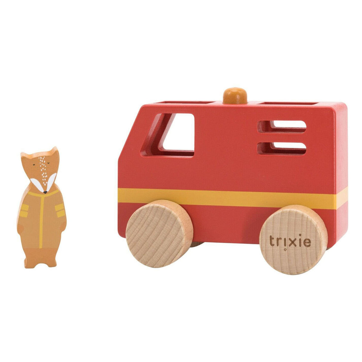 Mini camion de pompiers en bois Trixie - véhicule jouet en bois durable - amusant pour garçons et filles - avec M. Fox