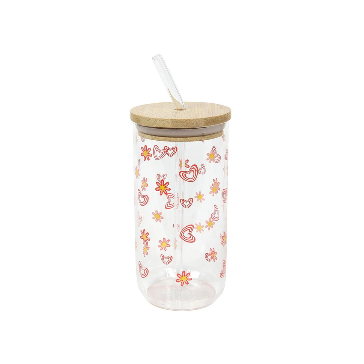 Drinkglas met rietje en bamboe deksel bloemprint 500ml ø7.5x15cm