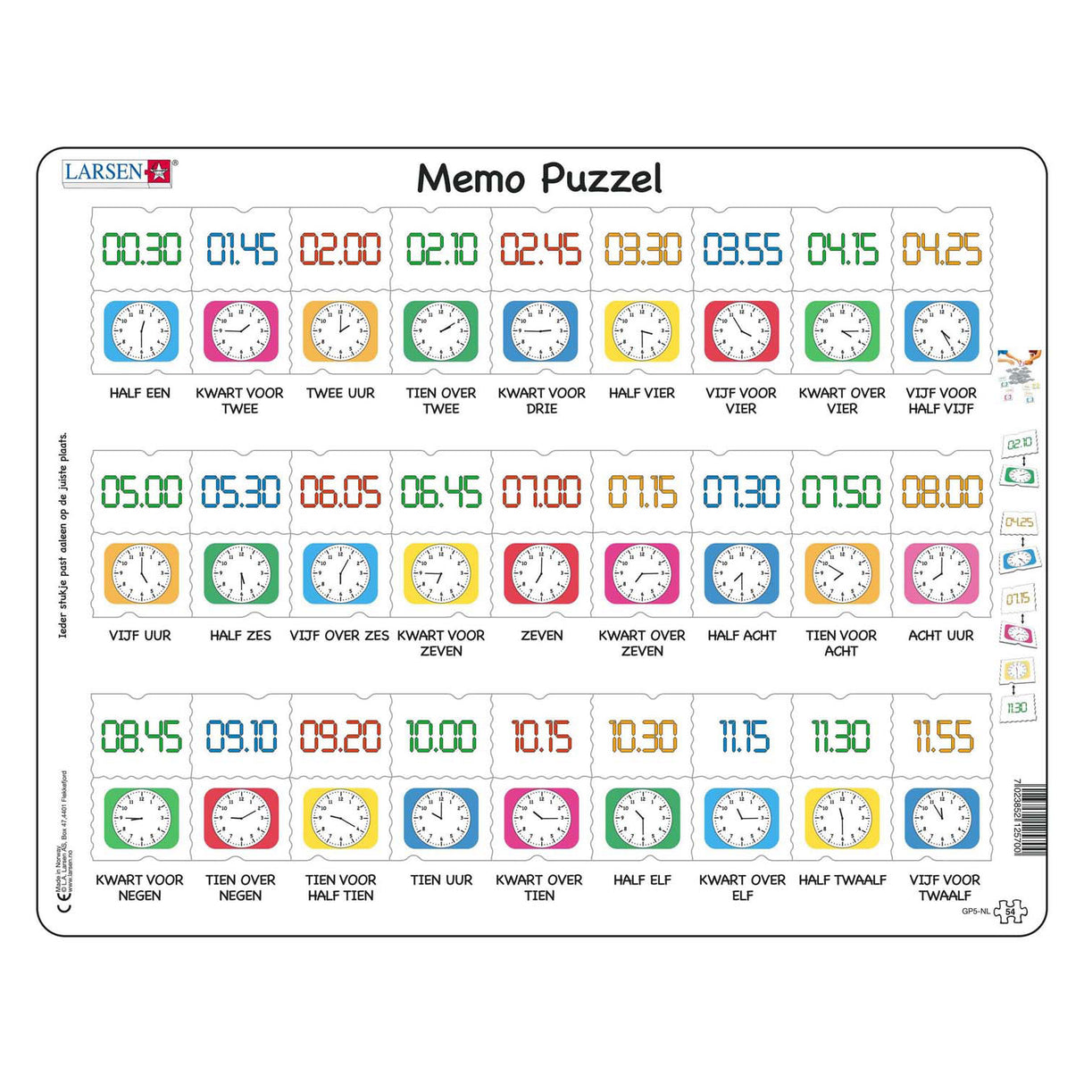 Puzzle mémo Selecta Larsen apprendre à lire l'heure, horloge traditionnelle et numérique, 54 pcs.