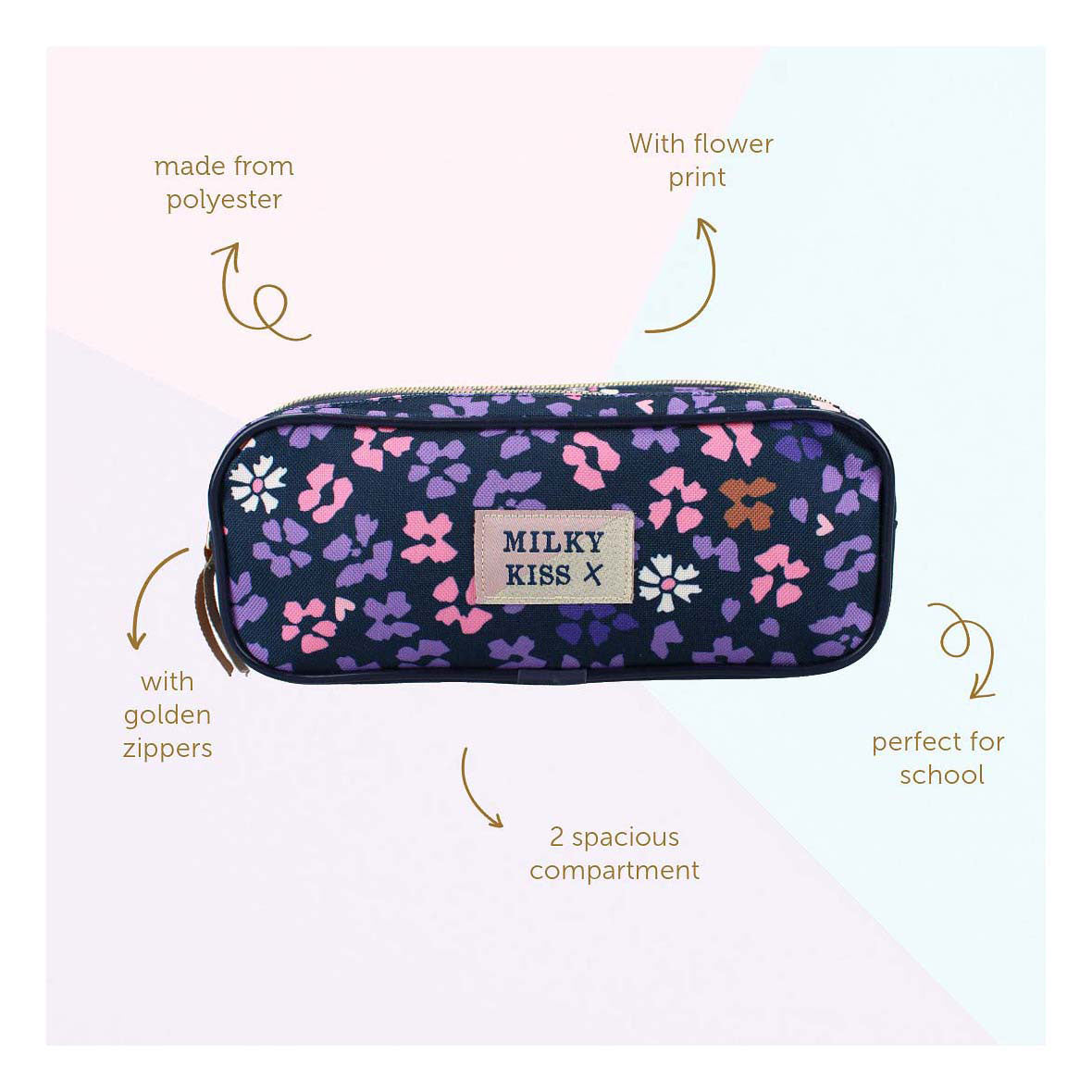 Trousse à crayons Milky Kiss fleurs sauvages - 9 x 22 x 8 cm - violet - fleurs