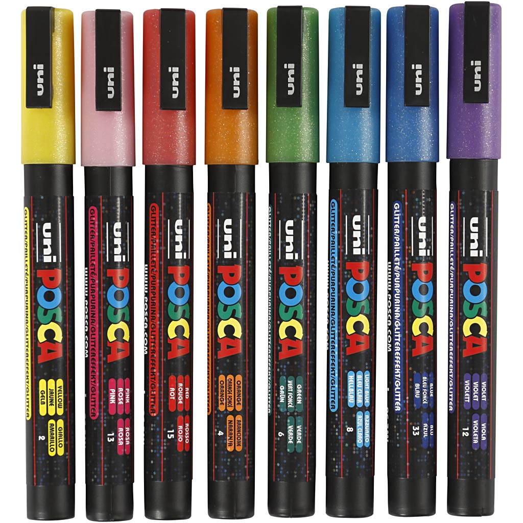 Marqueur Uni-posca posca, taille pc-3ml, largeur de trait 0,9-1,3 mm, couleurs pailletées, 8 pièces 1 boîte