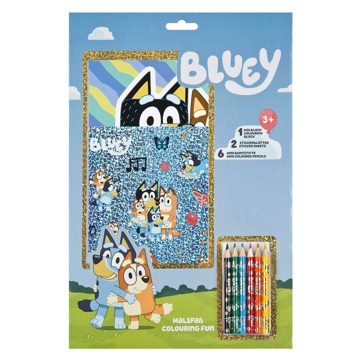 Undercover color block bluey avec crayons de couleur et autocollants