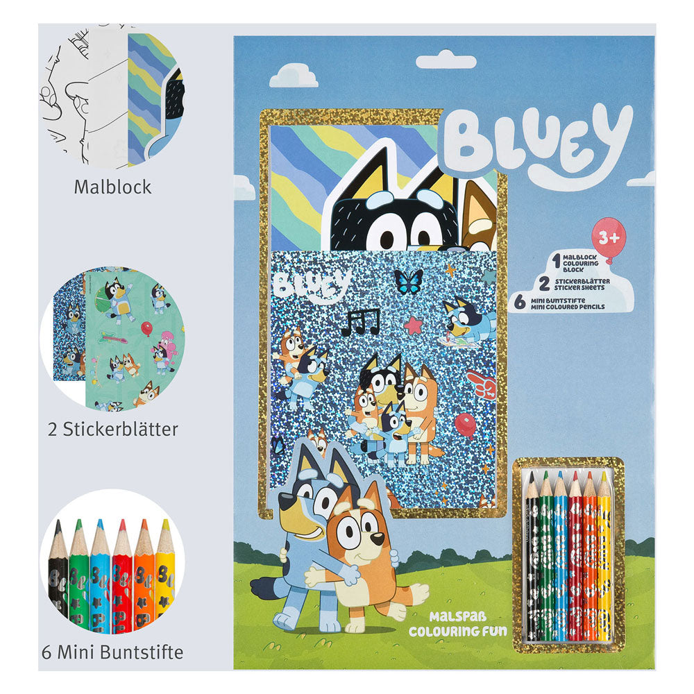 Undercover color block bluey avec crayons de couleur et autocollants