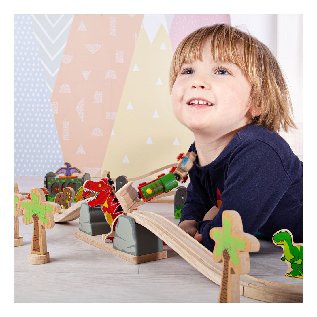 Bigjigs rail t-rex pont-levis voie ferrée en bois - ensemble de jeu d'aventure