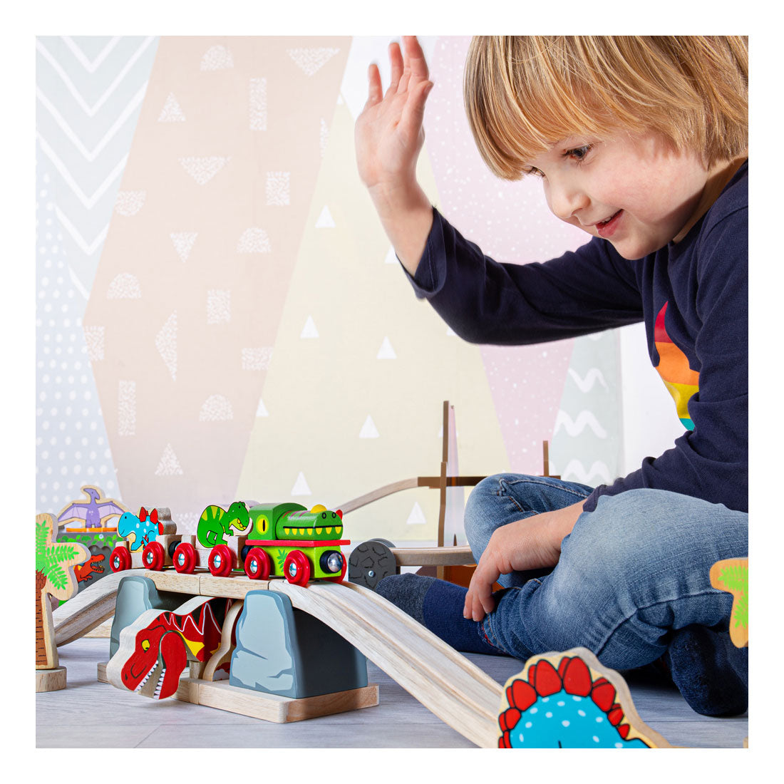 Bigjigs rail t-rex pont-levis voie ferrée en bois - ensemble de jeu d'aventure