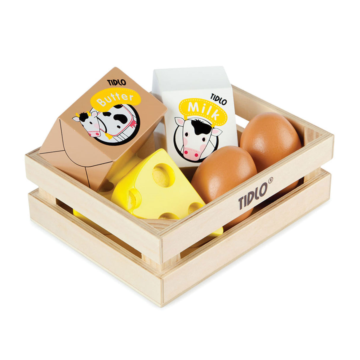 Oeufs en bois Tidlo et lait dans une cagette