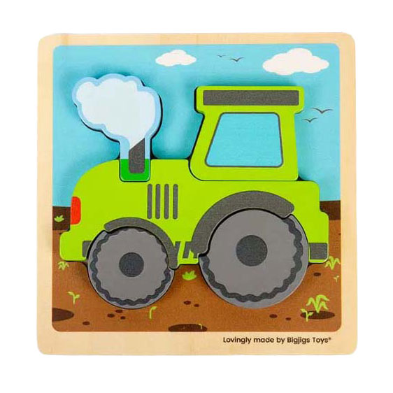Tracteur puzzle à incrustations en bois Bigjigs avec formes amovibles, 5 pcs.