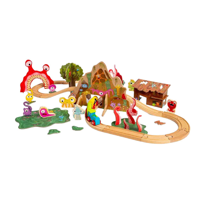 Ensemble de train monstre en bois Bigjigs, 50 pièces.