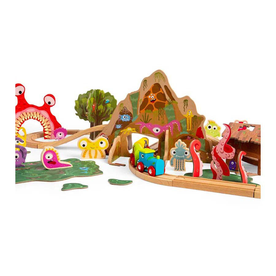Ensemble de train monstre en bois Bigjigs, 50 pièces.