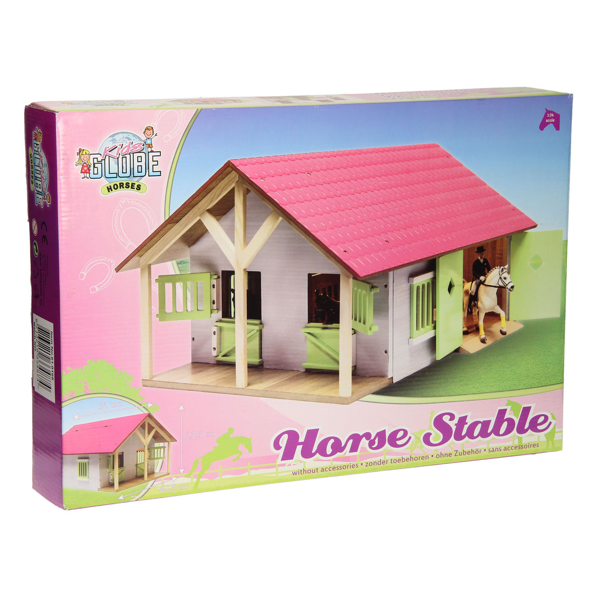 Globe pour enfants, écurie rose avec 2 boxes et débarras, 1:24