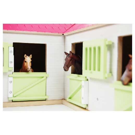 Écurie d'angle globe pour enfants avec 3 boxes et débarras 1:24 68x77x27cm rose (hors accessoires)