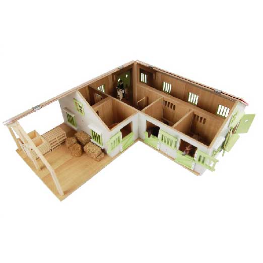 Écurie d'angle globe pour enfants avec 3 boxes et débarras 1:24 68x77x27cm rose (hors accessoires)