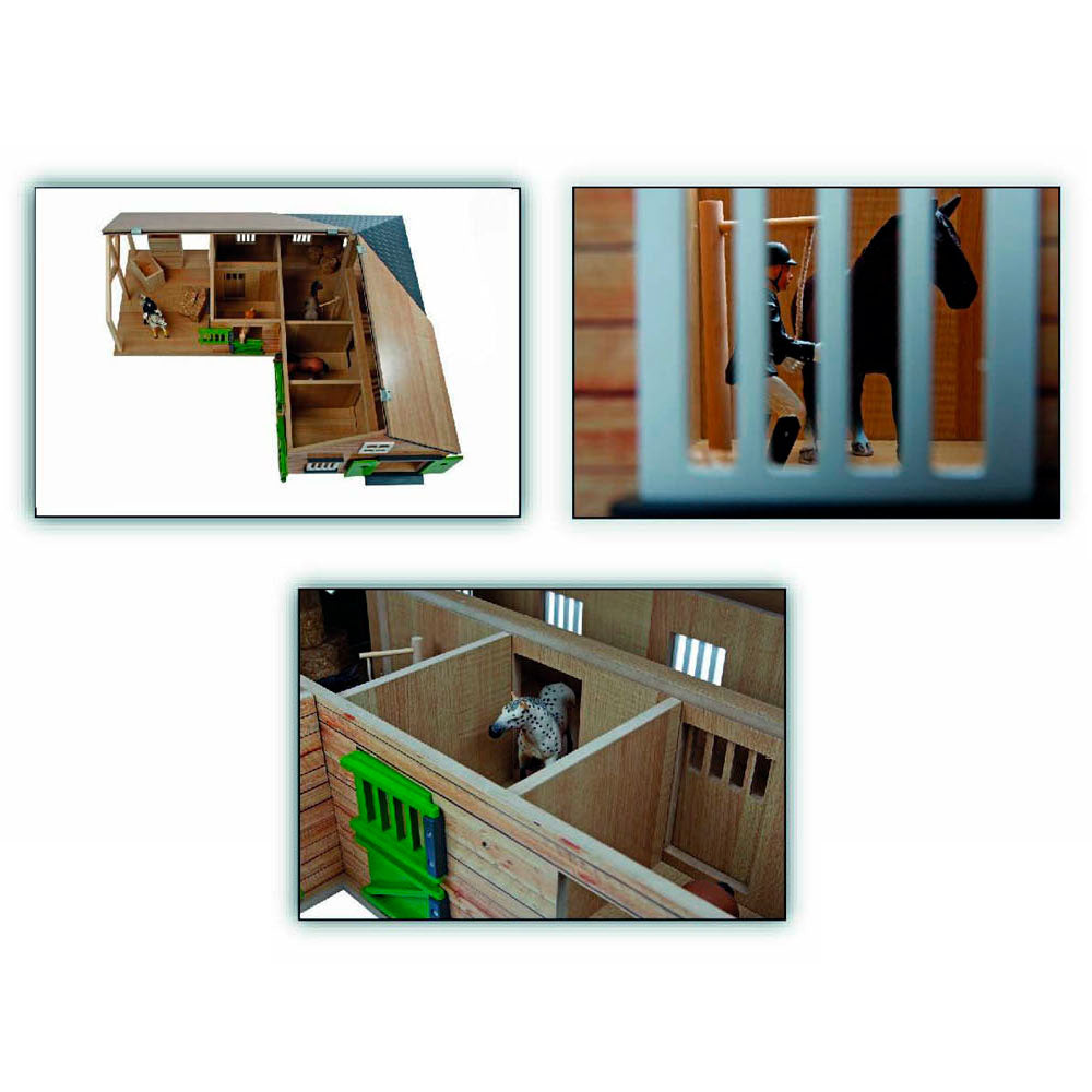 Écurie d'angle pour enfants avec 3 boxes et débarras 1:24
