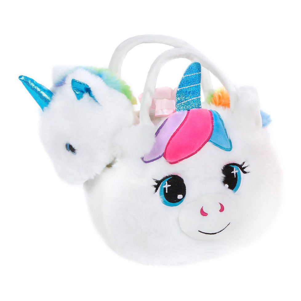 Peluche licorne dans un sac à main en peluche blanche, 20 cm