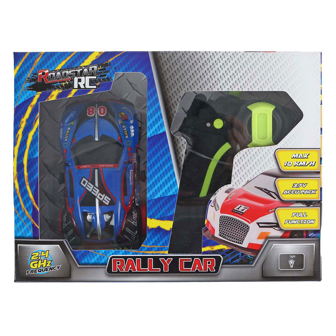Voiture de rallye contrôlée par roadstar RC avec lumière 2,4 GHz bleue, 13 cm