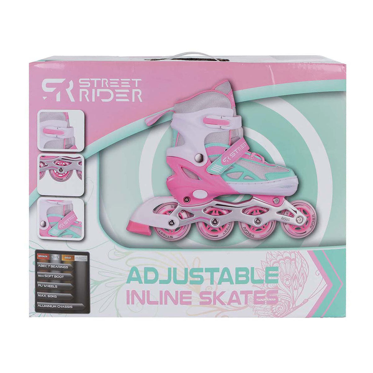 Rollers en ligne Street Rider rose vert réglables, taille 37-40