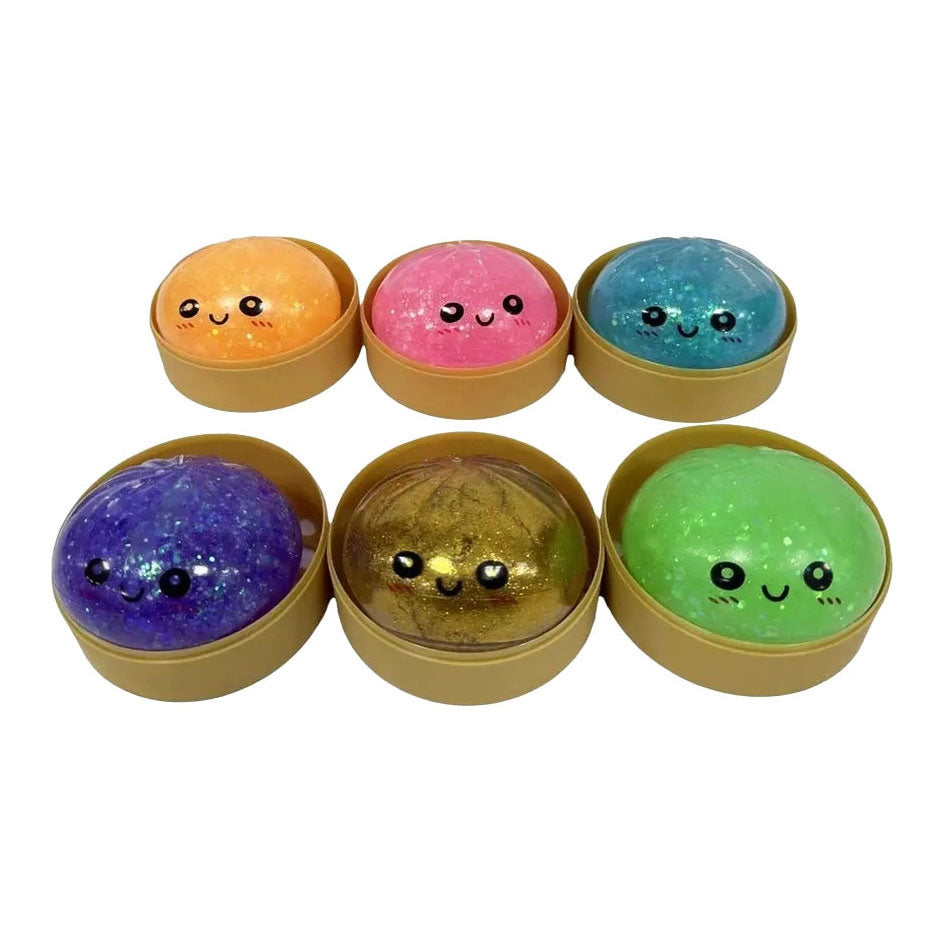 Kawaii fidget dumpling met glitterslijm in stoommand - 8,5 cm
