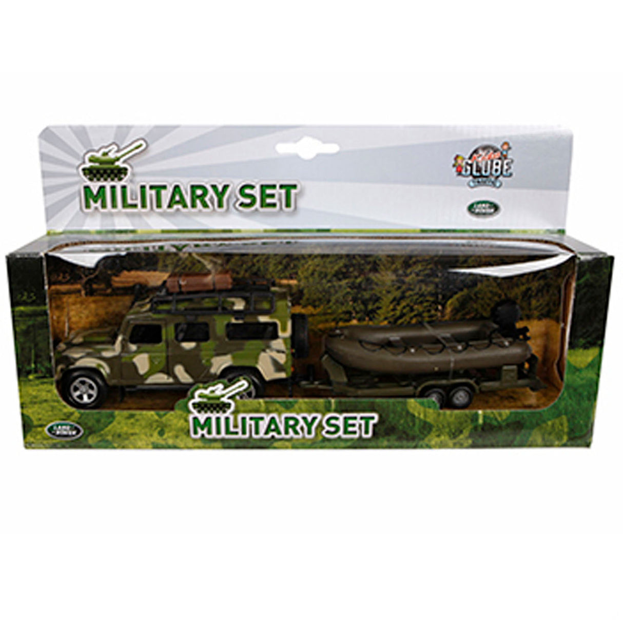 Kids Globe Globe Die Cast Land Rover avec remorque et armée de bateau