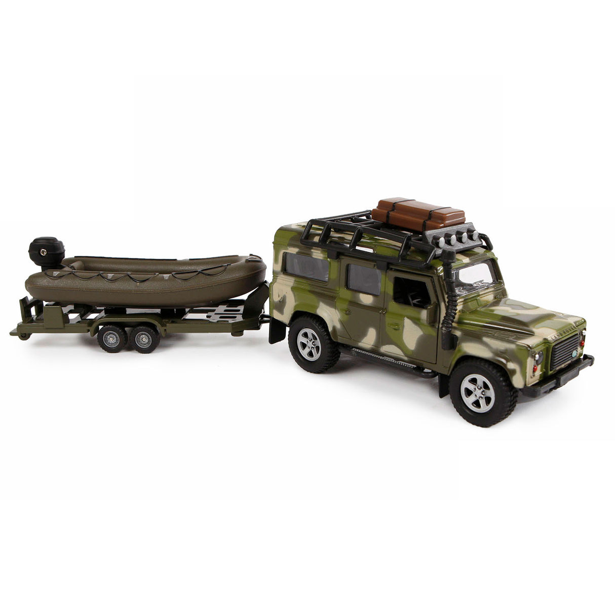 Kids Globe Globe Die Cast Land Rover avec remorque et armée de bateau