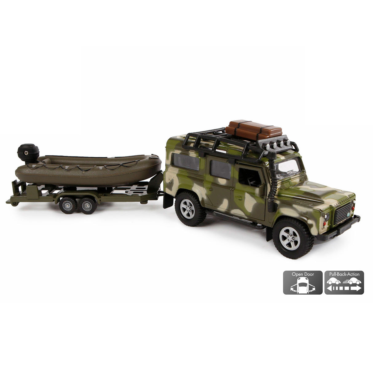 Kids Globe Globe Die Cast Land Rover avec remorque et armée de bateau