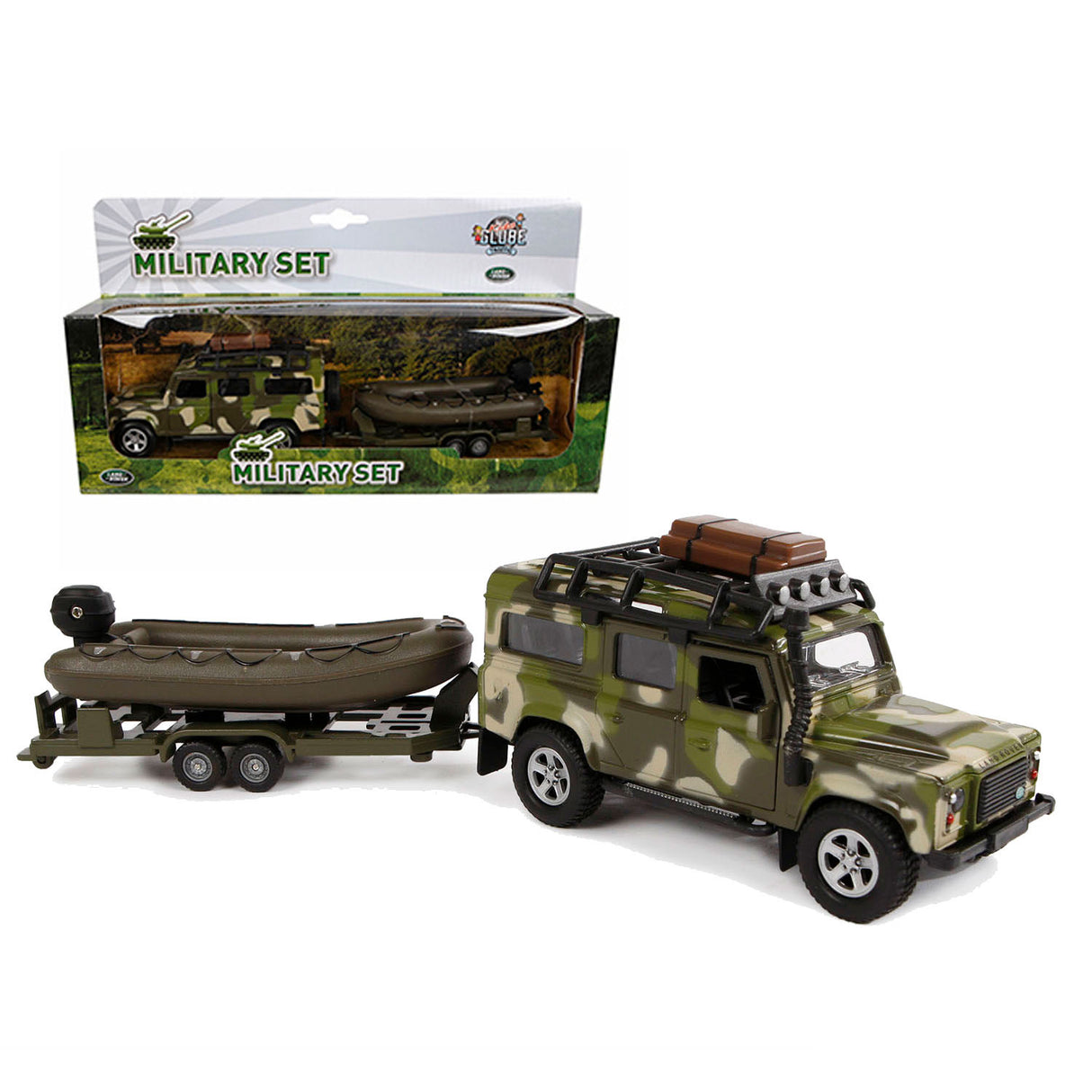 Kids Globe Globe Die Cast Land Rover avec remorque et armée de bateau