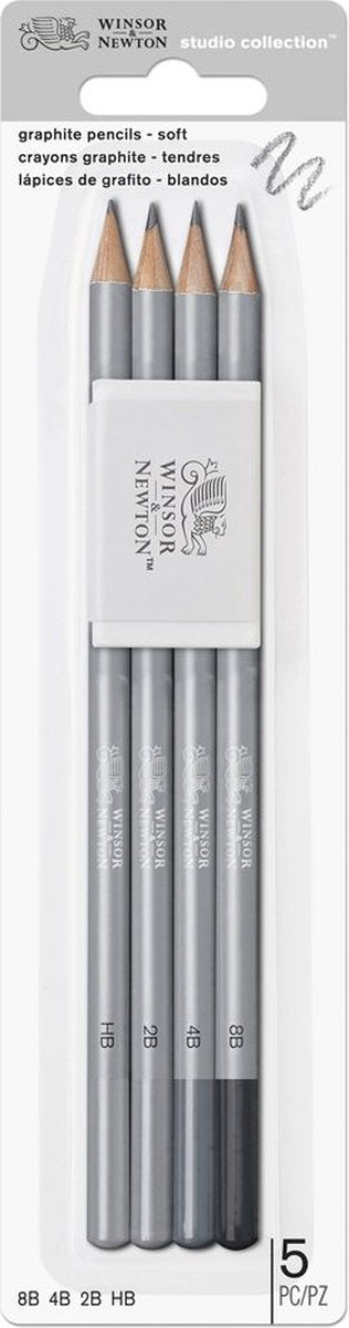 Winsor Newton 0490004 Studio Collection Ensemble de crayons graphite – HB, 2B, 4B, 8B + gomme | crayons à dessin pour croquis