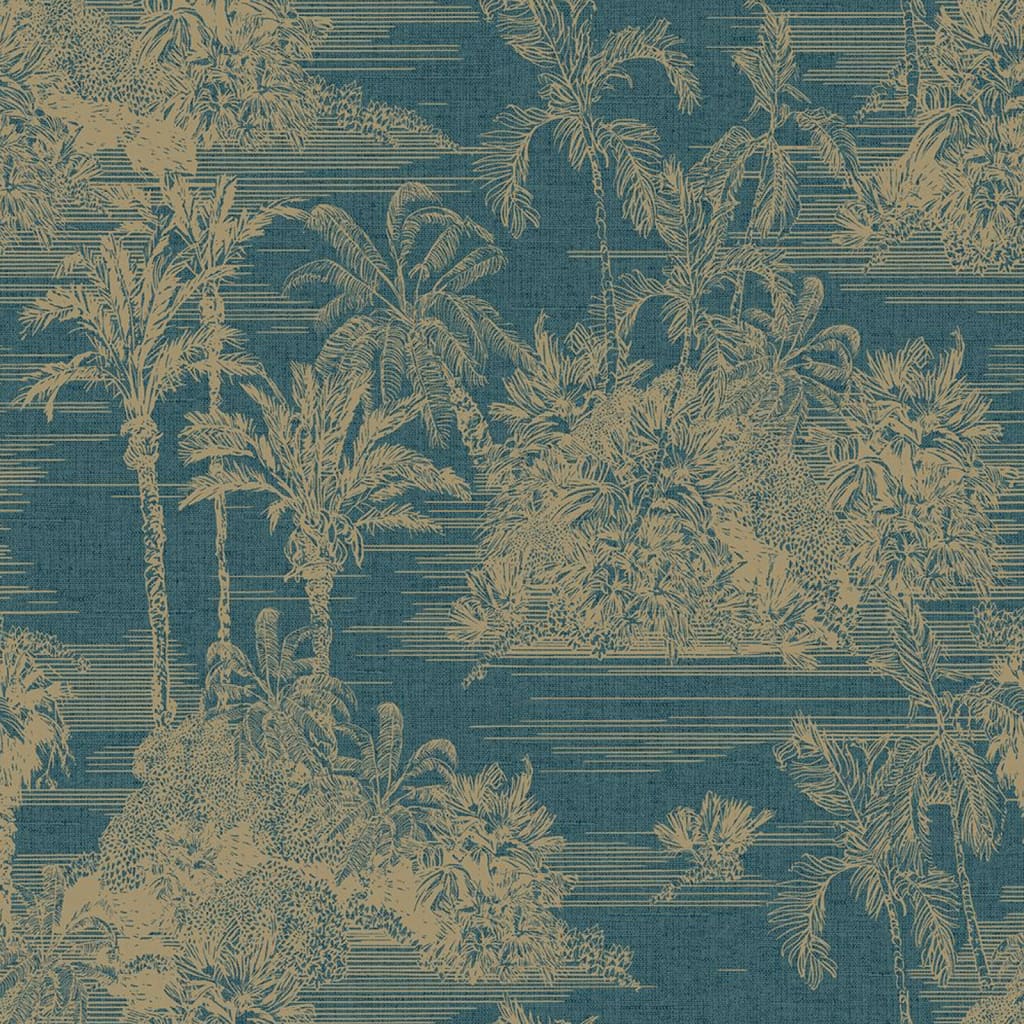 Papin d'écran du papier peint tropical bleu foncé tropical et or de couleur or