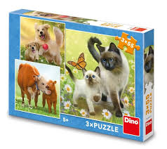 Puzzle enfant Dinotoys Dino avec chien, chat et vaches - 3 x 55 pièces