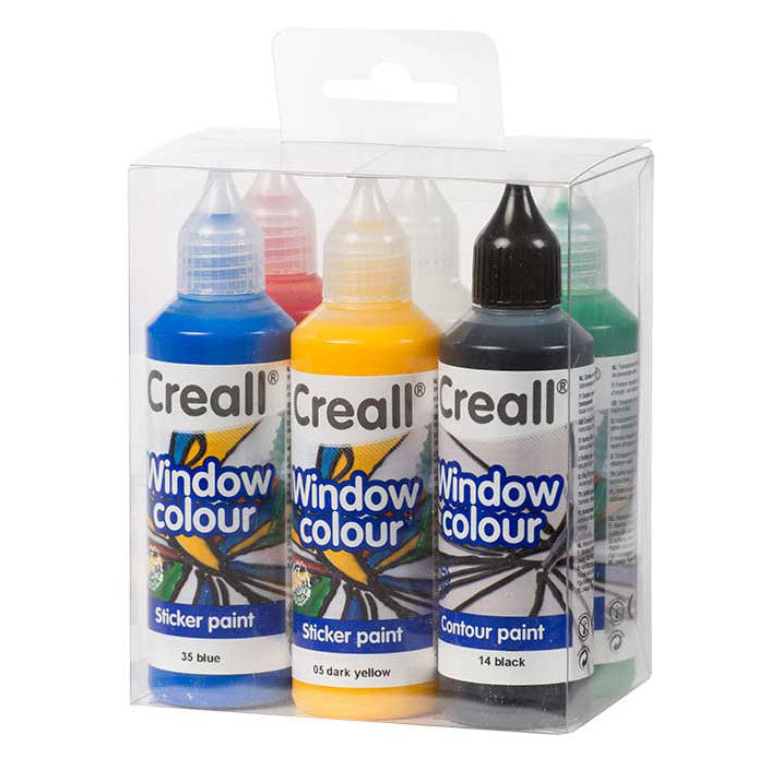 Peinture autocollante Creall - couleur fenêtre - réalisez des créations amovibles sur surfaces lisses comme des fenêtres ou des miroirs - lot de 6 couleurs - 6 flacons de 80 ml - sans gluten - fabriquée aux Pays-Bas