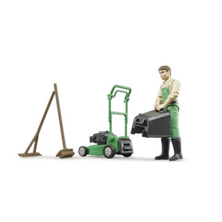 Figurine de jardinier Bruder avec tondeuse à gazon