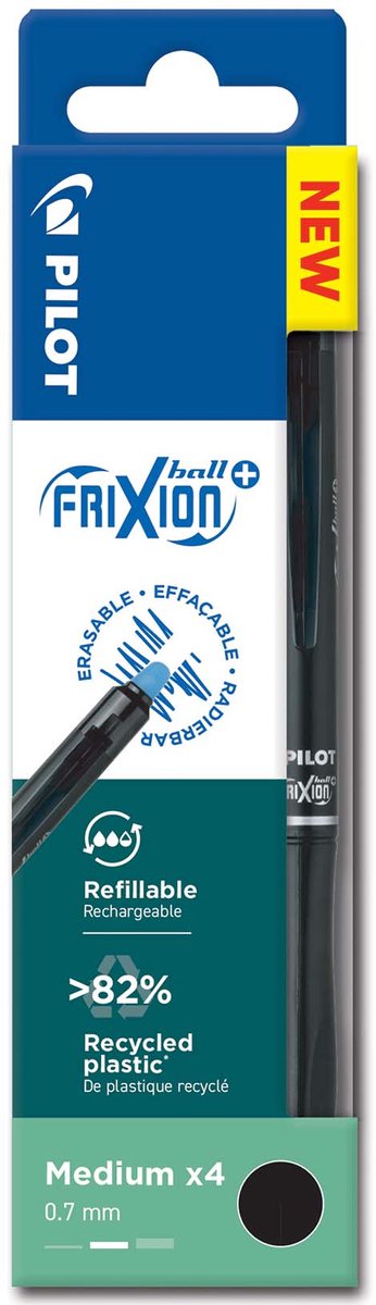 Portefeuille Pilot - lot de 4 - frixion ball plus - stylo roller effaçable - noir - pointe moyenne