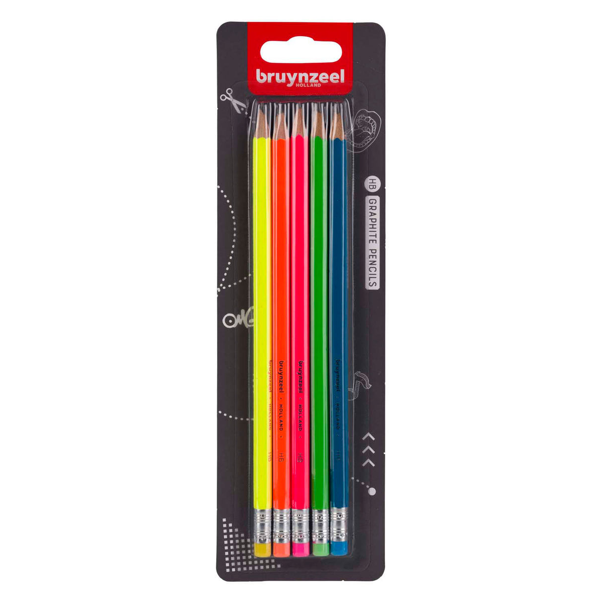 Set de crayons graphite Bruynzeel néon, 5 crayons HB avec gomme